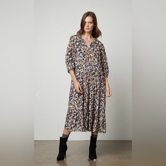 Velvet by Graham & Spencer For Anthro Ottilie Midi Dress Blue/Brown Size S NWT - Picture 2 of 16